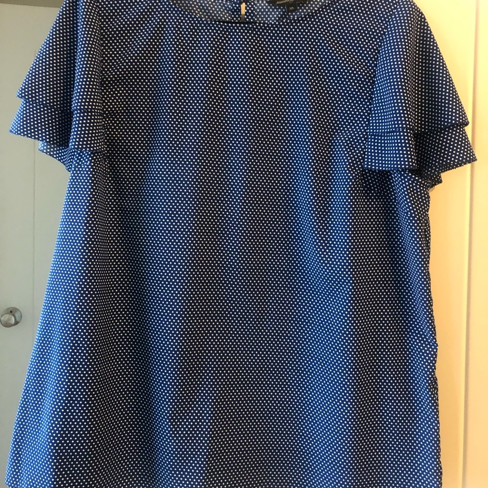 Banana Republic Blue and White Polka Dot Flutter Sleeve Shirt, Size XL